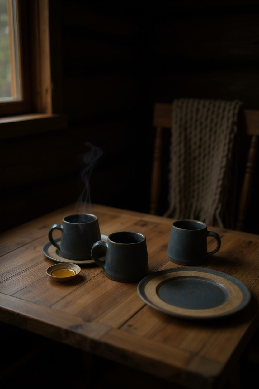 Three blue mugs on a wooden table with steam rising from one of them, in a dimly lit room.