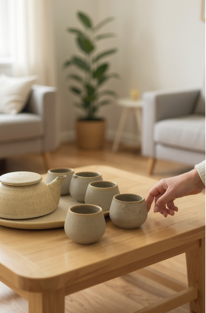 Tea set on a wooden table in a living room with a person&